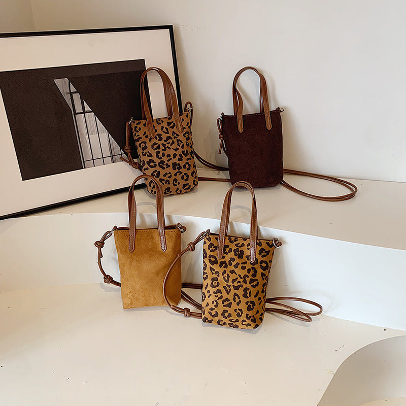 Vintage Leopard Print Fashion Messenger Bag Suede Mobile Phone Bag