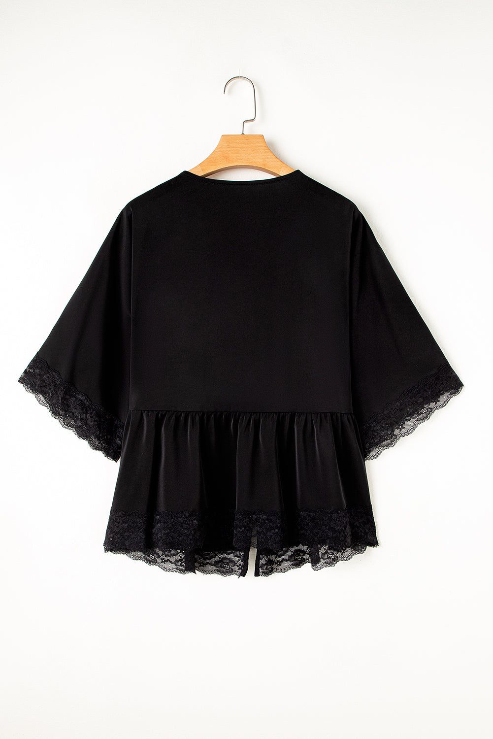 Black Plus Size Lace Splicing Button V Neck Short Sleeve Top