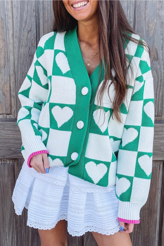 Sea Green Plaid Heart Knit V Neck Button Down Sweater Cardigan