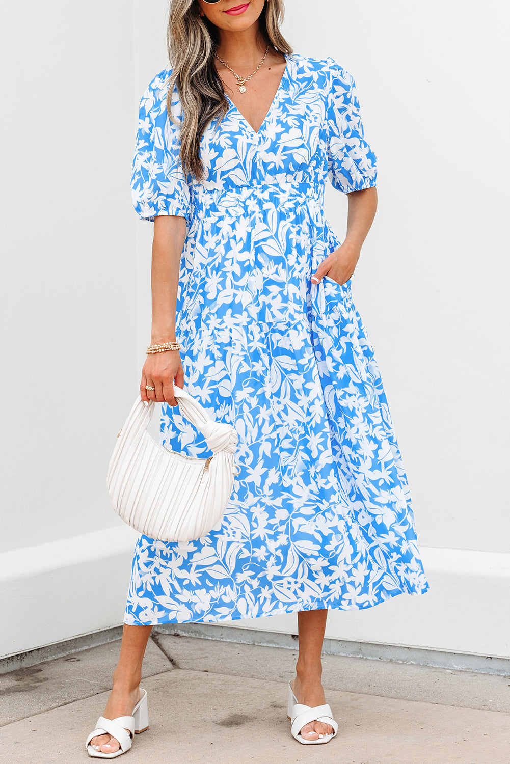 Sky Blue Floral V Neck Puff Short Sleeve Flowy Long Dress