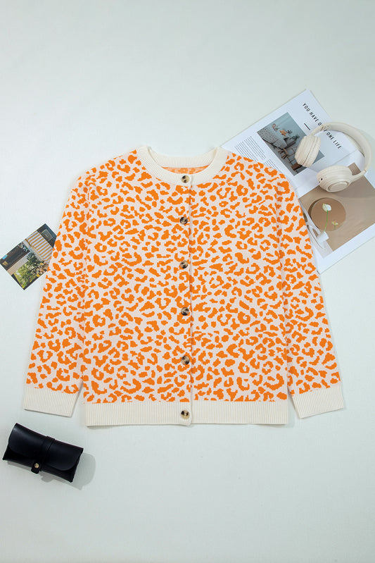 Orange Leopard Drop Shoulder Chunky Knitted Cardigan Sweater