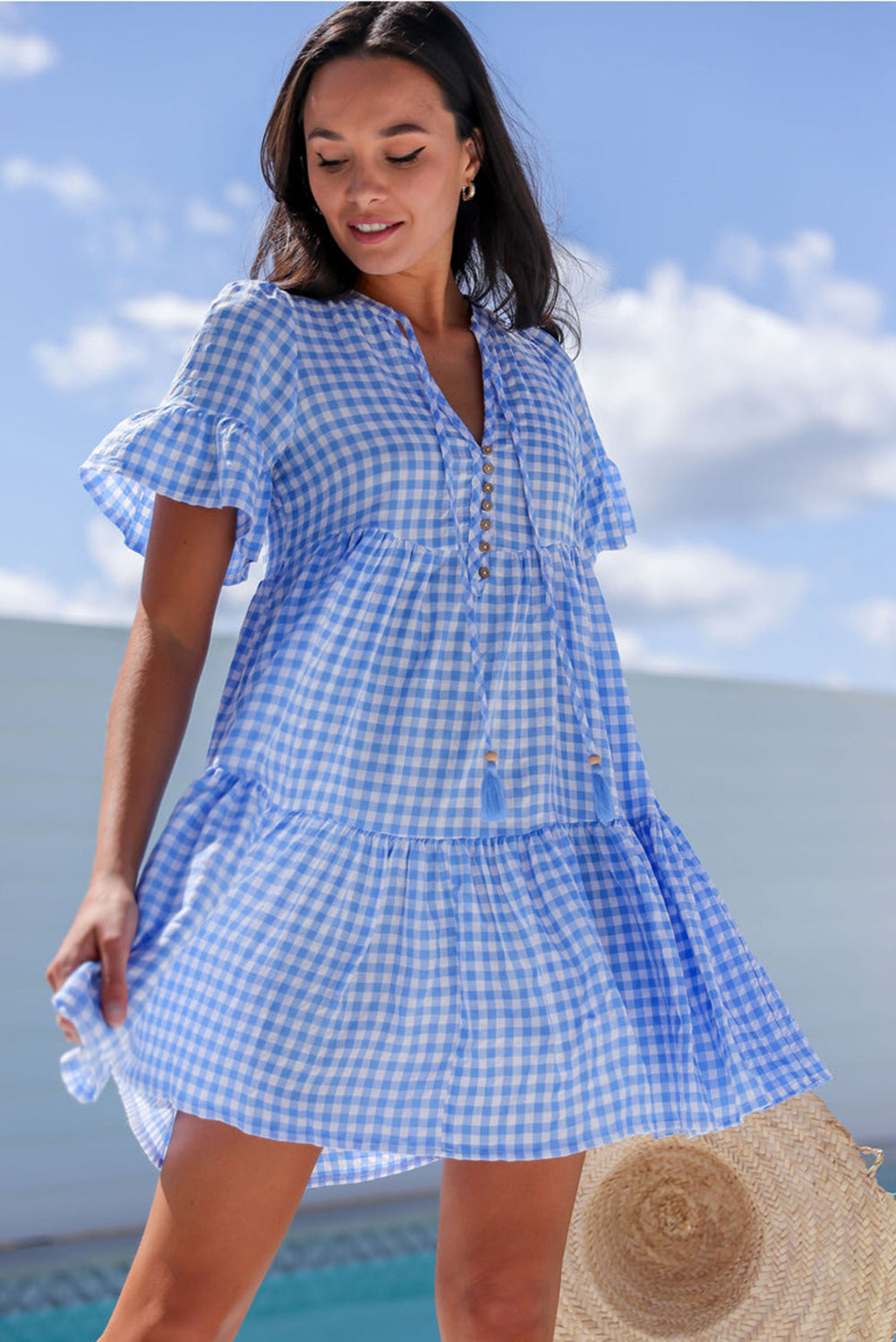 Sky Blue Gingham Short Sleeve Button Tie Split Neck Loose Mini Dress