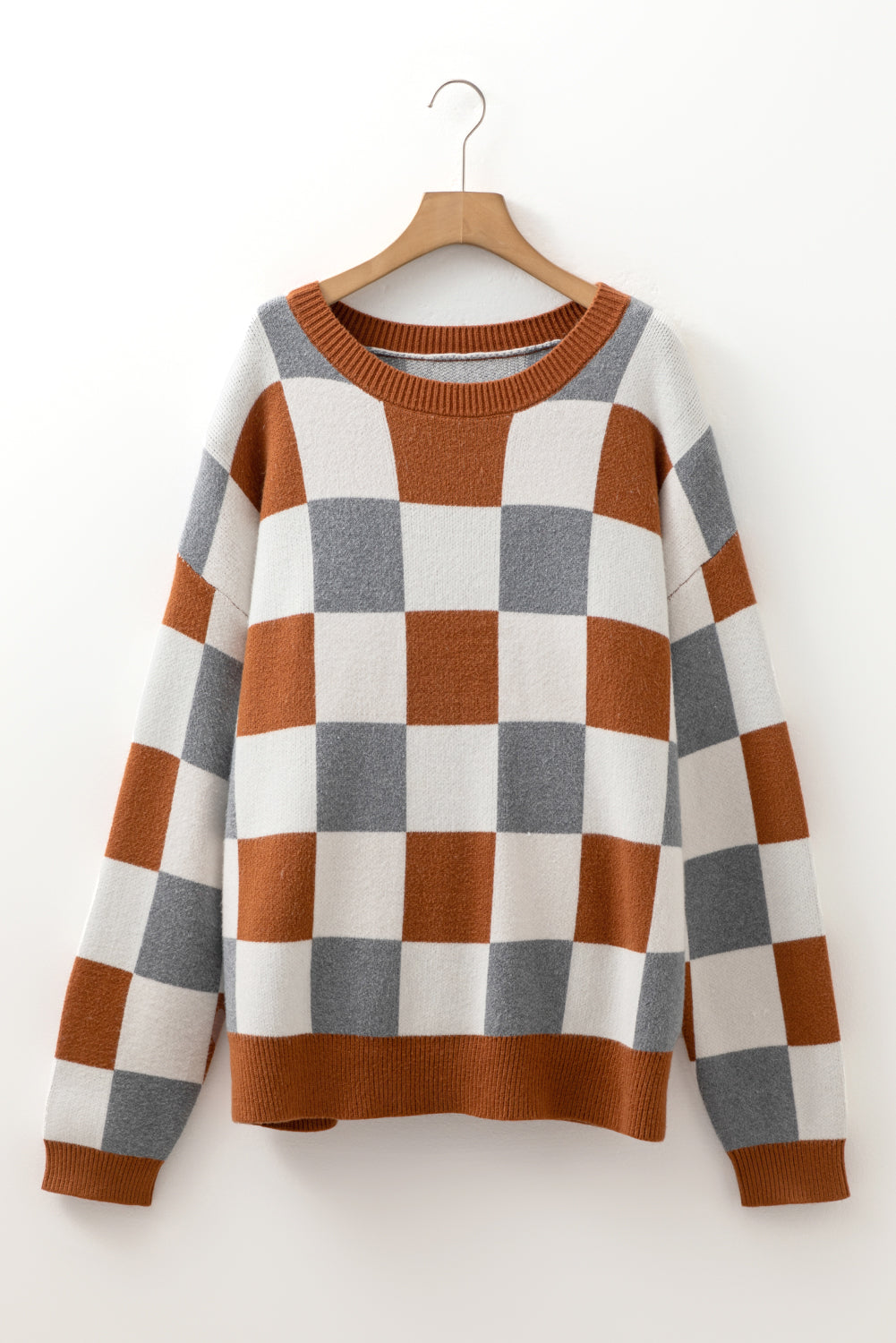 Brown Plus Size Checkered Crewneck Sweater