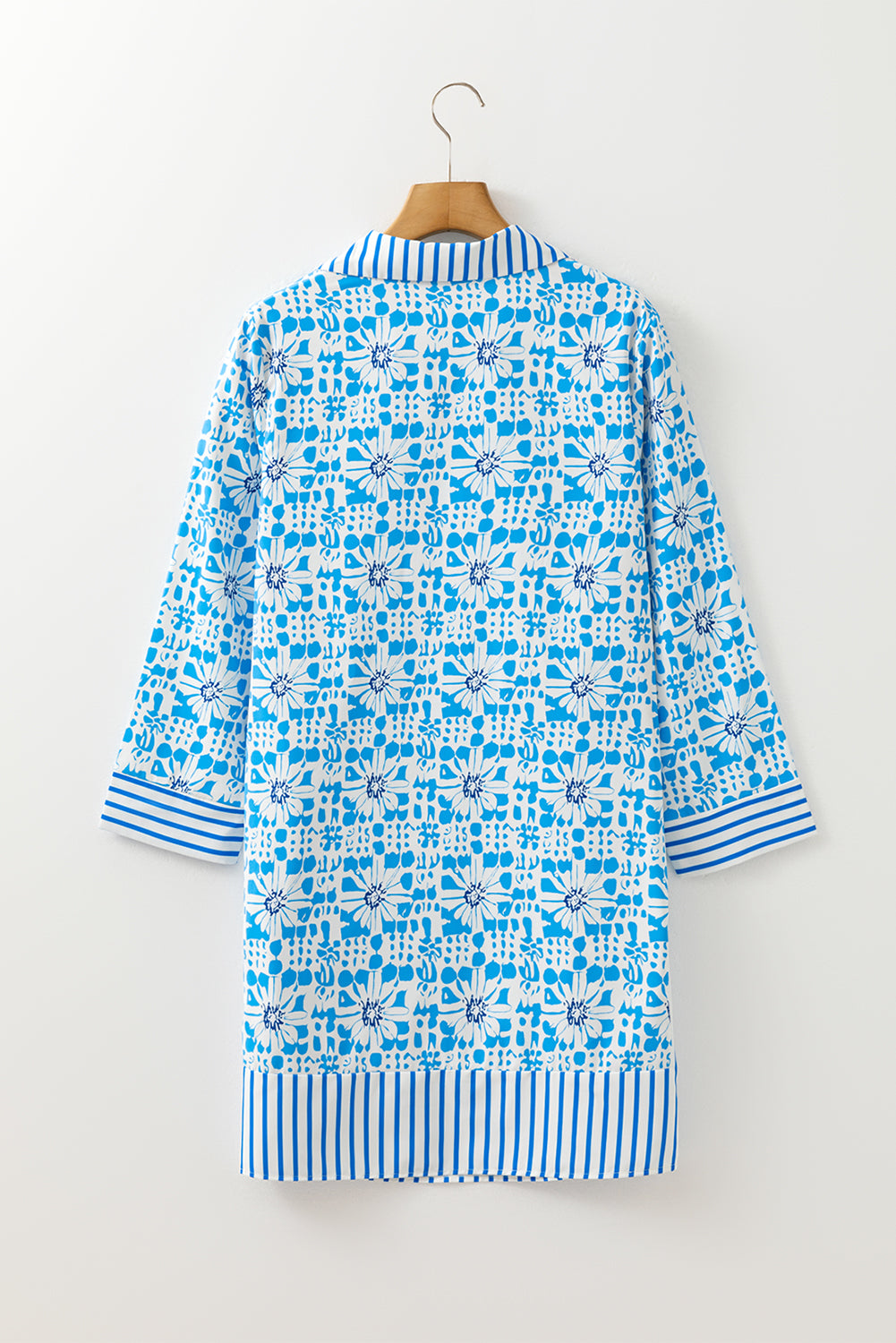 Sky Blue Contrast Striped Trim Floral Shift Fit Fall Dress