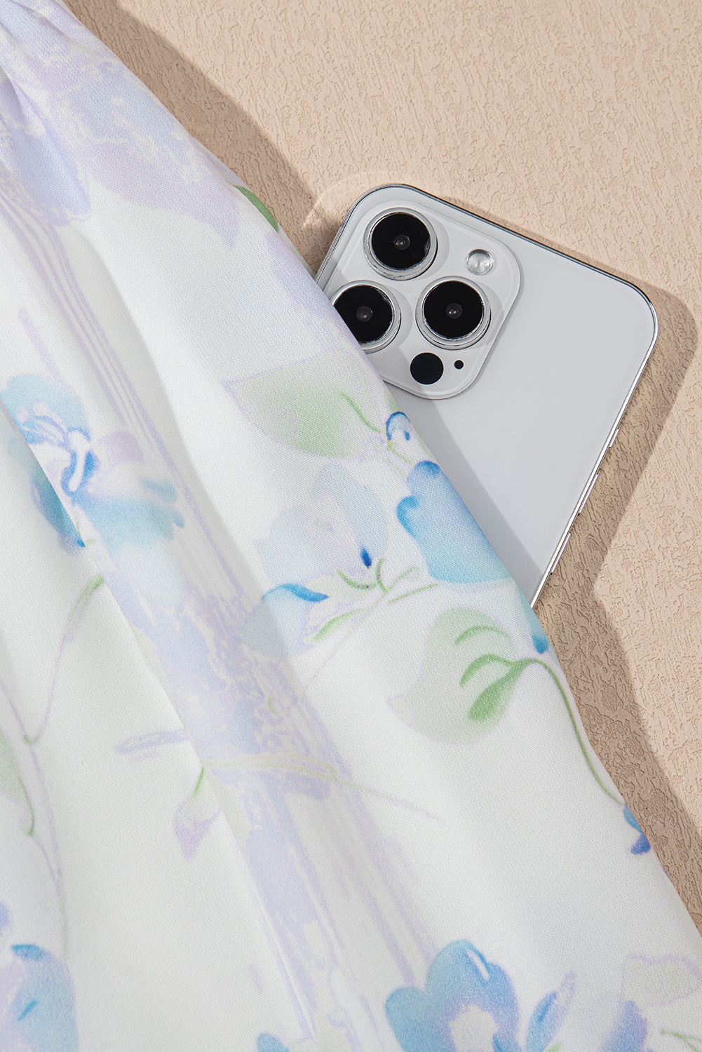 Sky Blue Floral Smocked High Waist Double Ruffle Sleeveless Long Dress