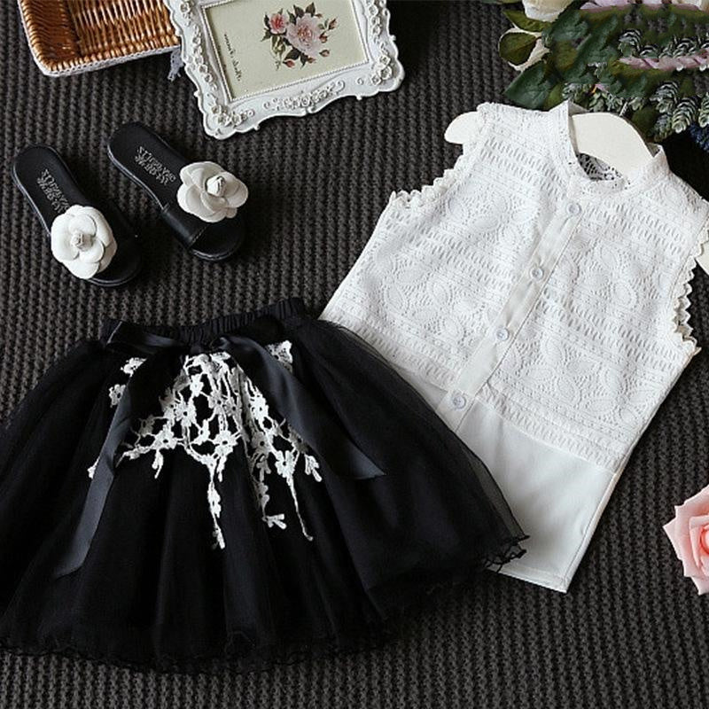 Girls Puff Skirt Sleeveless Pleated Skirt 2 Piece Set