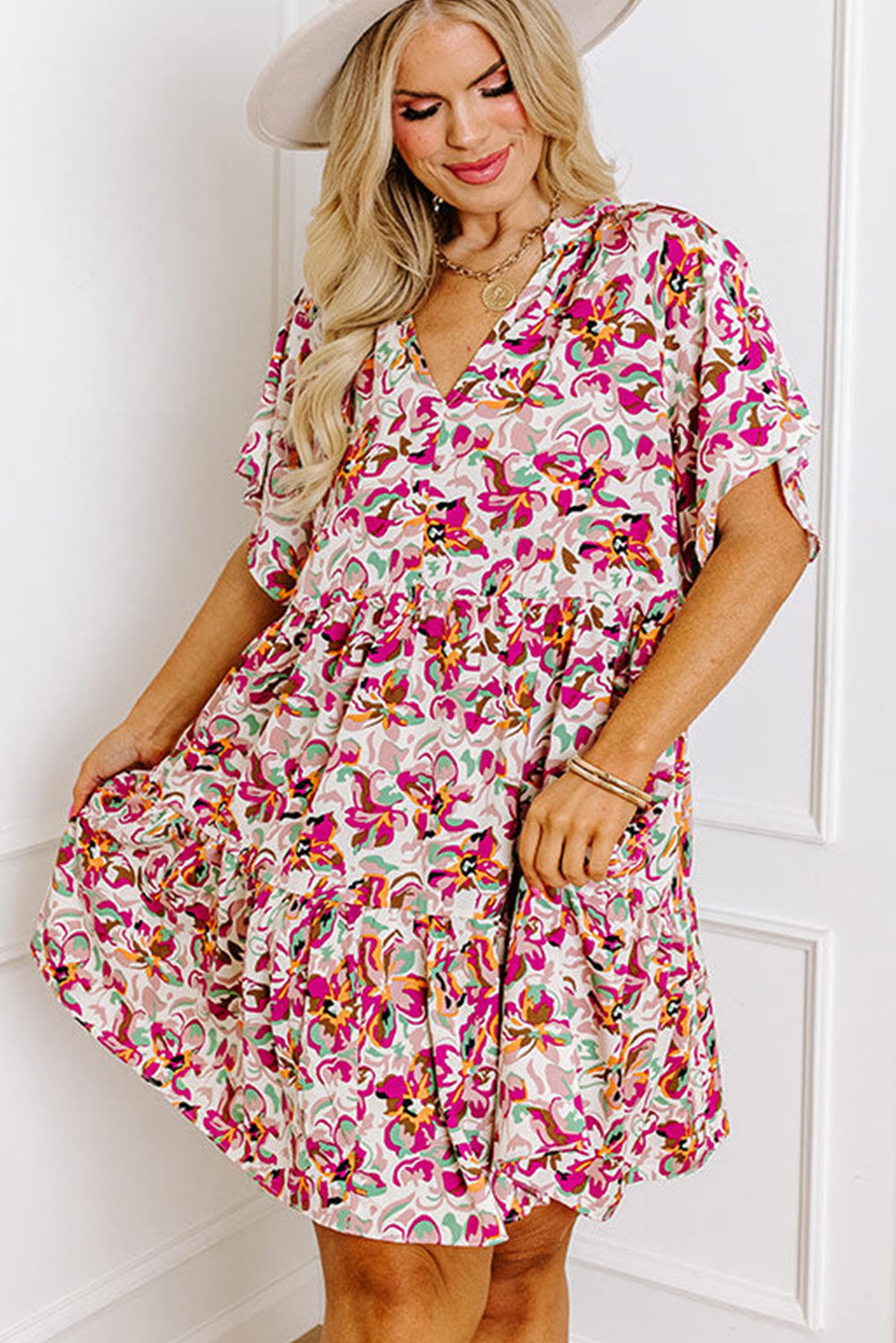 White Abstract Print V Neck Short Sleeve Ruffled Plus Size Mini Dress