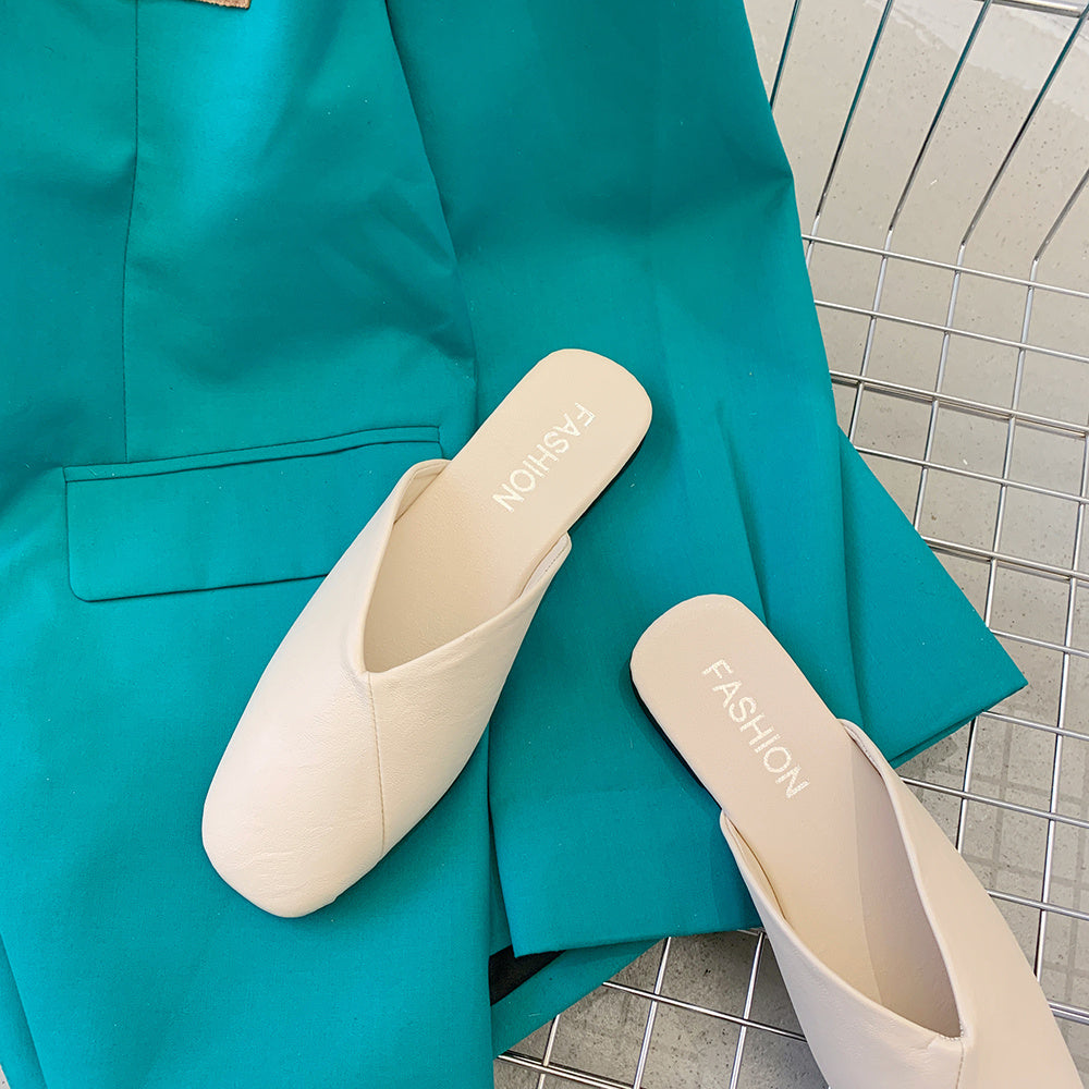 Square Toe Cap Half Slippers Women's Flat Plus Size Sandals