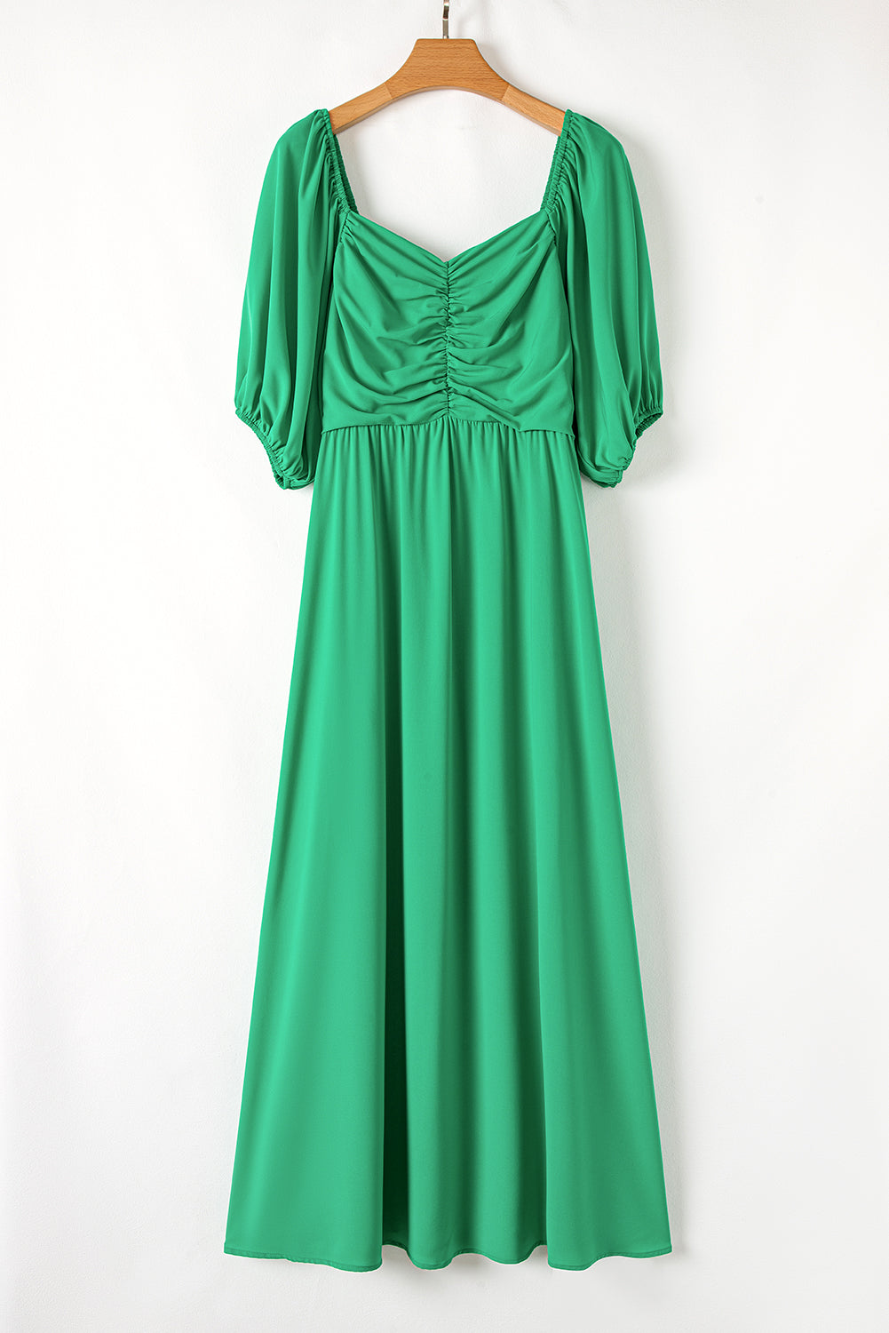 Bright Green Ruched Front Puff Sleeve Plus Size Long Dress