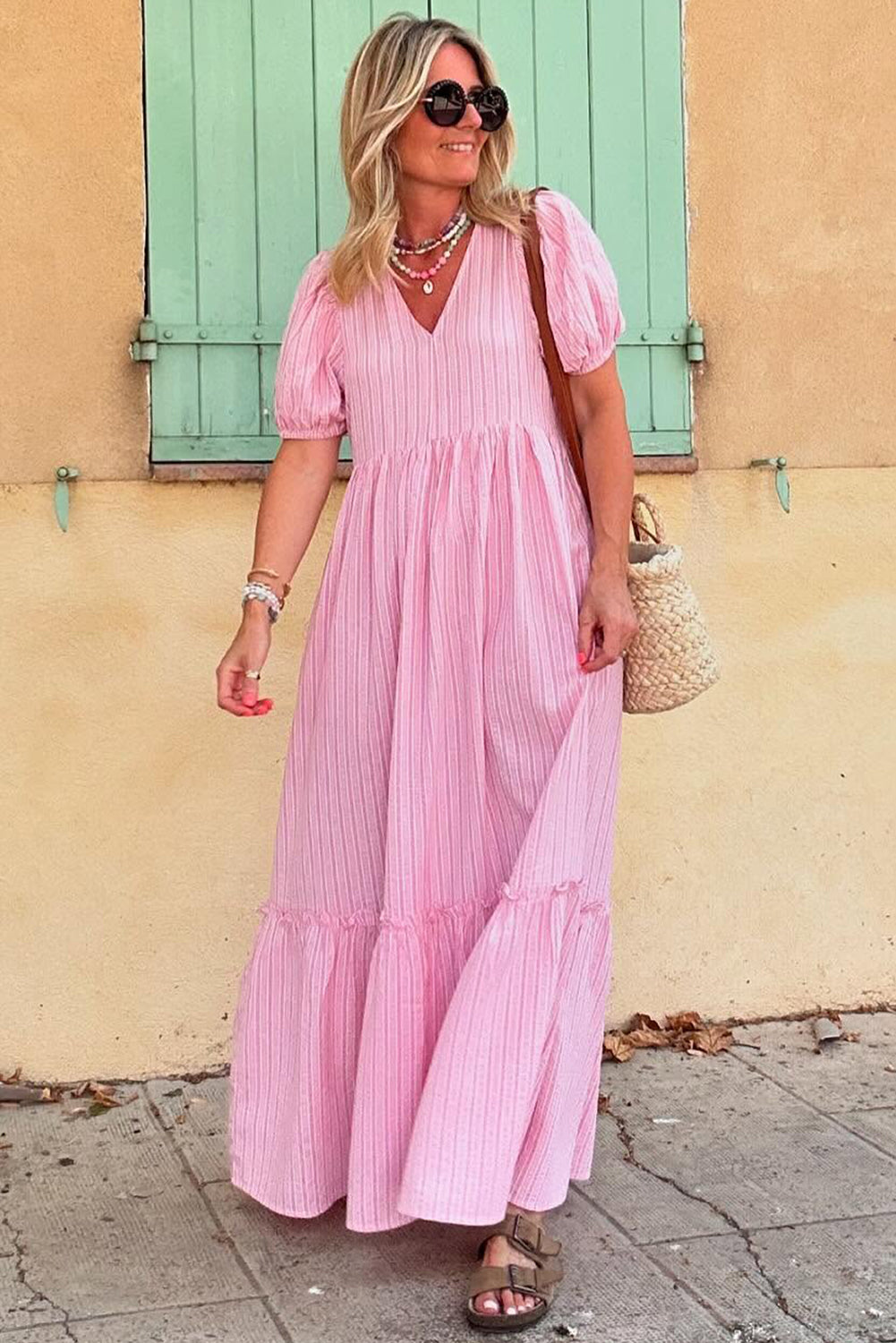 Pink Stripe V Neck Puff Short Sleeve Maxi Dress