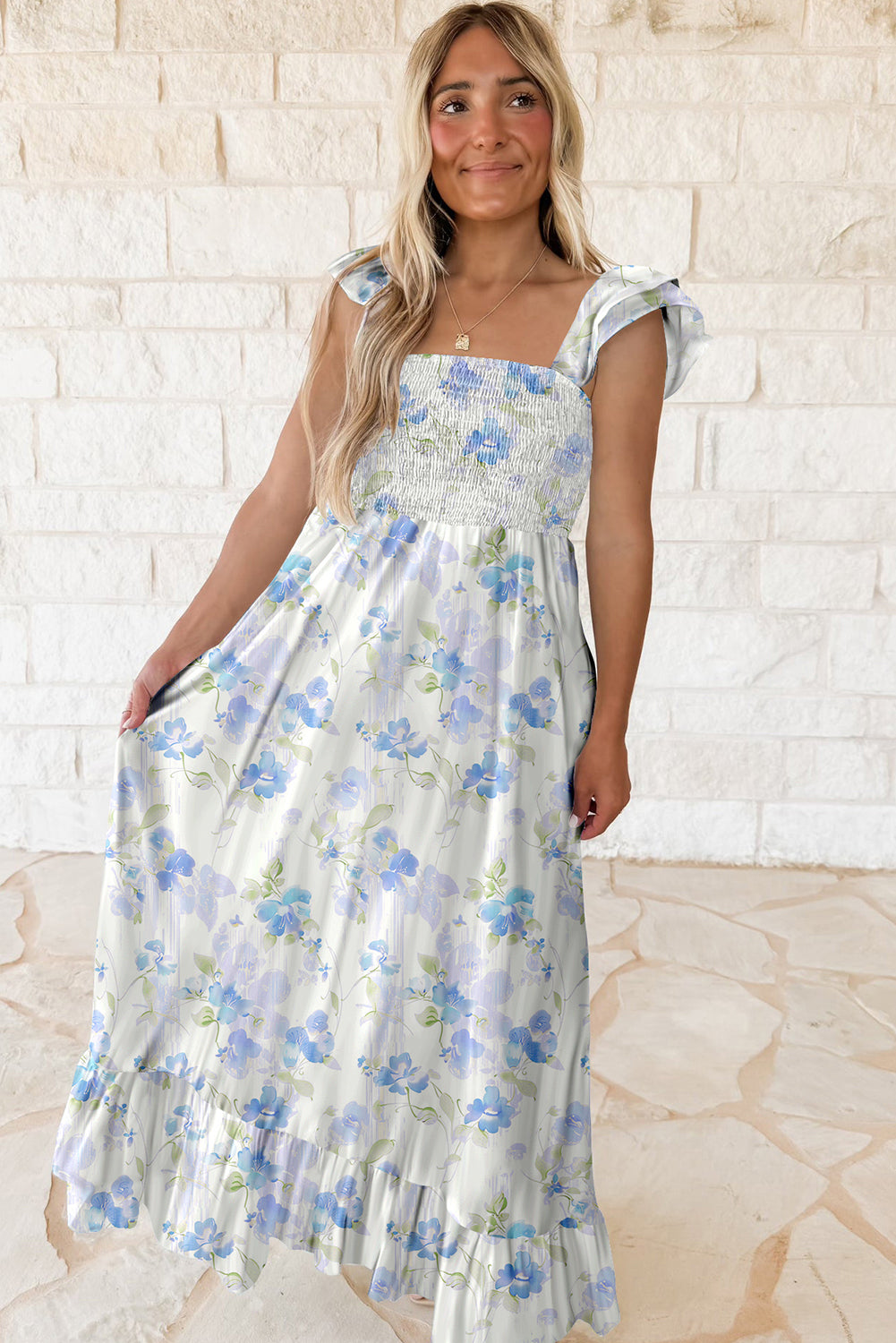 Sky Blue Floral Smocked High Waist Double Ruffle Sleeveless Long Dress