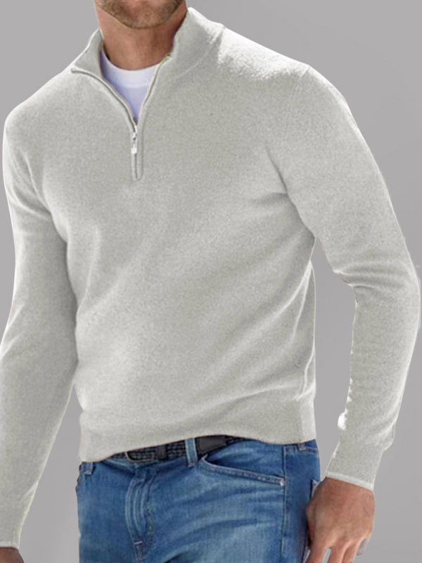 Long Sleeve V Neck Wool Fleece Zipper Men's Casual Top Polo Shirt