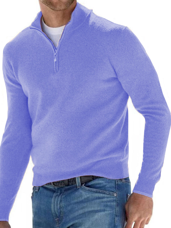 Long Sleeve V Neck Wool Fleece Zipper Men's Casual Top Polo Shirt