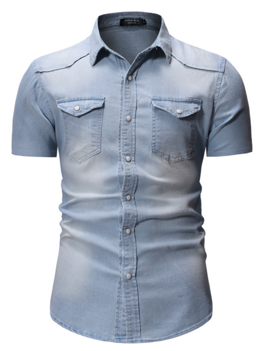 New Men's Solid Color Denim Pocket Decorated Short Sleeve Shirt